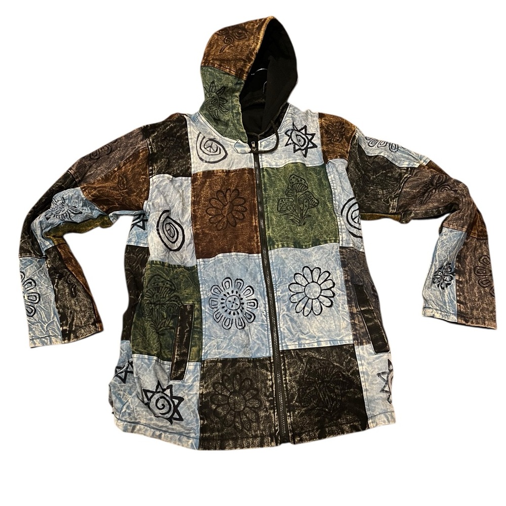 NWT 100% cotton Blue Brown Green Nepal Patchwork fleece Hoodie